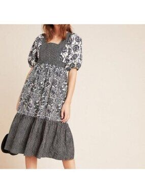 Anthropologie Puff Sleeve Midi Dress 2 NEW Black White Floral Print Bohemian 70s